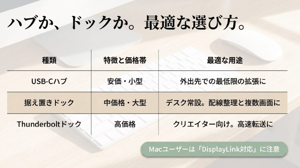 USB-Cハブと据え置きドック、Thunderboltドックの比較