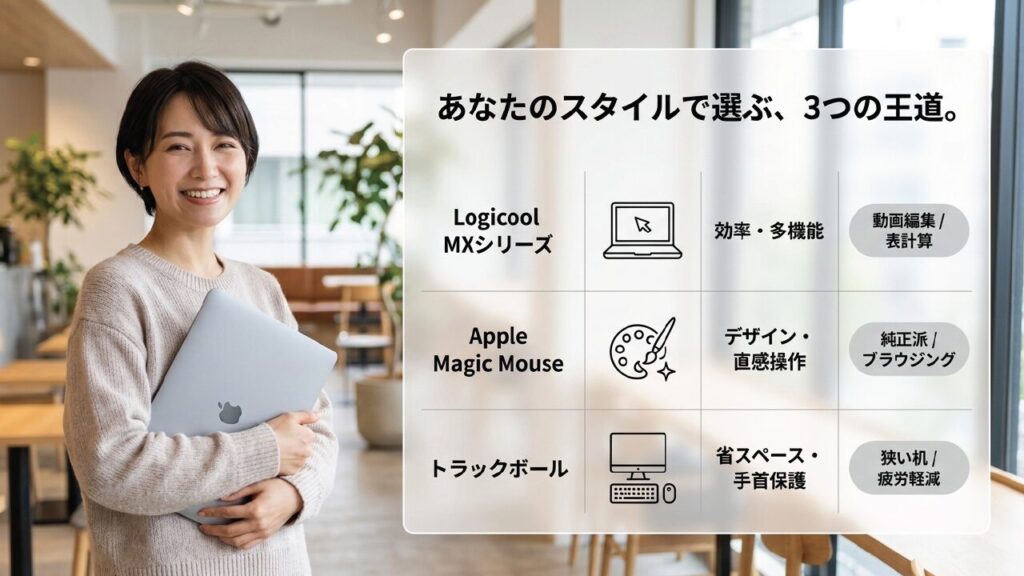ワークスタイルで選ぶ3つの王道マウス Logicool MXシリーズ、Apple Magic Mouse、トラックボールの3つの王道スタイル比較