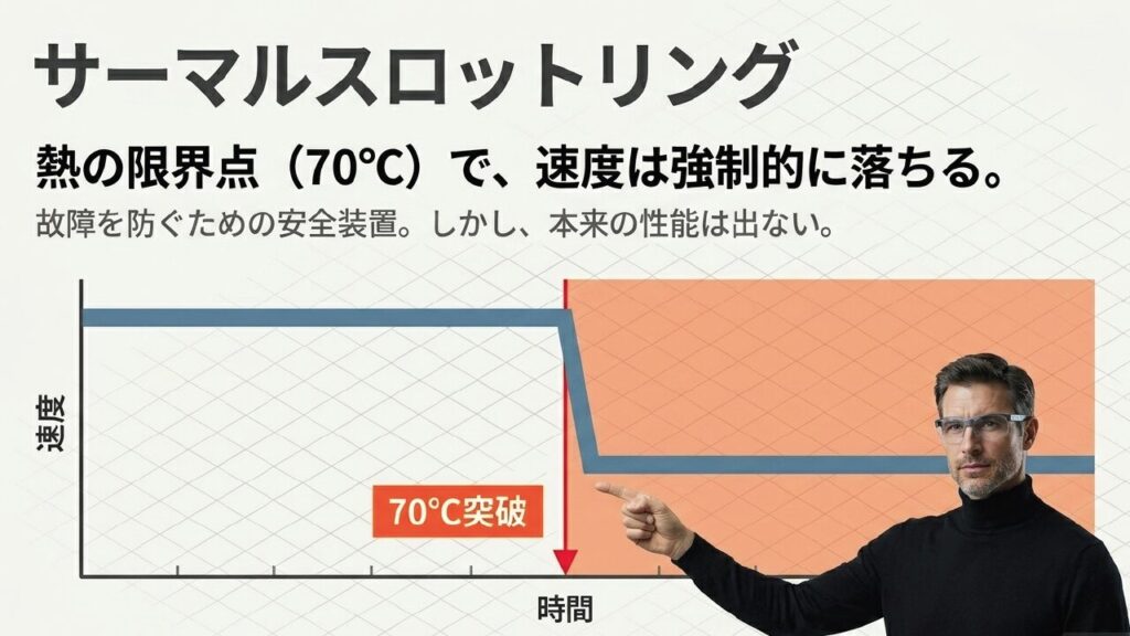 SSDが70度付近でサーマルスロットリングを起こし速度低下する説明スライド