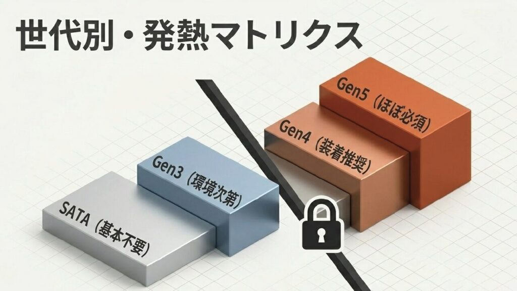 SATAとGen3 Gen4 Gen5のSSD発熱リスクを比較するスライド