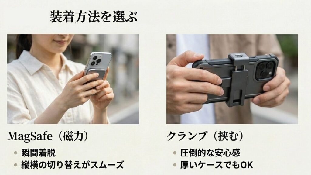 MagSafeとクランプ式の装着方法の違い