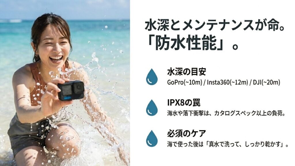 防水性能とケア方法 アクションカメラの防水性能と海でのメンテナンス