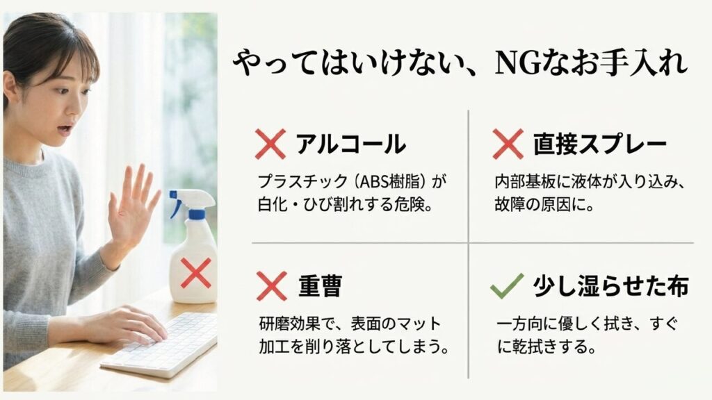 キーボードのNGなお手入れ アルコール、直接スプレー、重曹などキーボードのやってはいけないNGなお手入れ