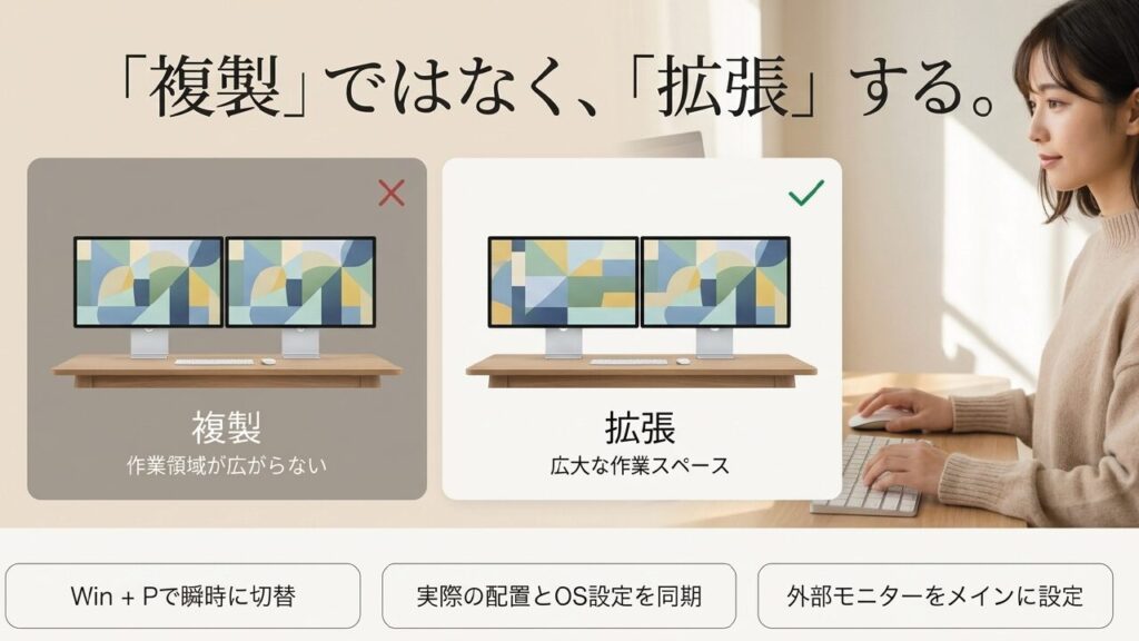 デュアルディスプレイ設定で複製ではなく拡張を選ぶ理由