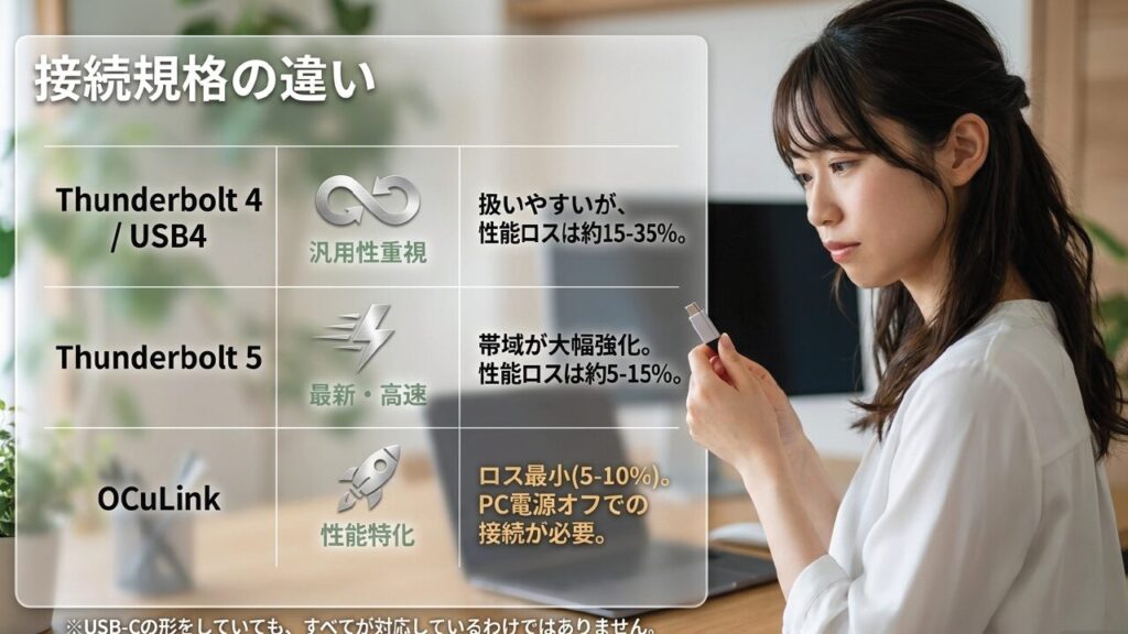 Thunderbolt 4、Thunderbolt 5、OCuLinkの接続規格と性能ロスの違い