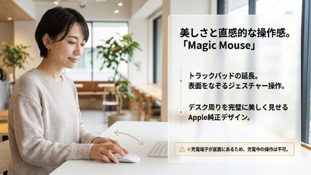 美しさと直感操作のMagic Mouse デスク周りを完璧に美しく見せるApple純正Magic Mouseの直感的なジェスチャー操作