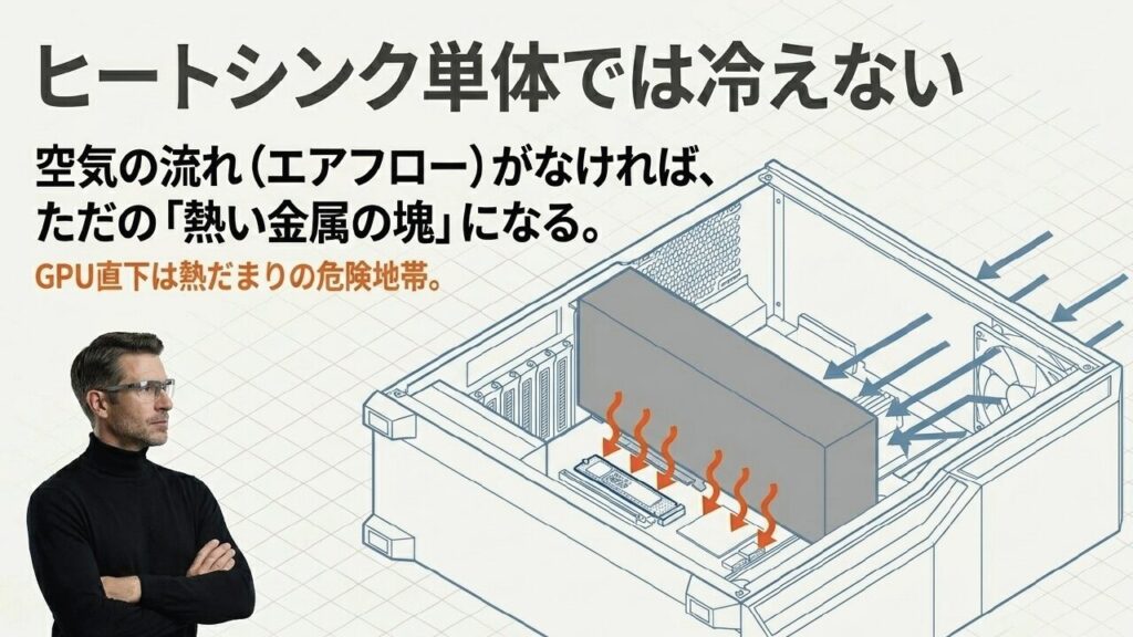 ヒートシンク単体では冷えずエアフローが必要なことを示すスライド