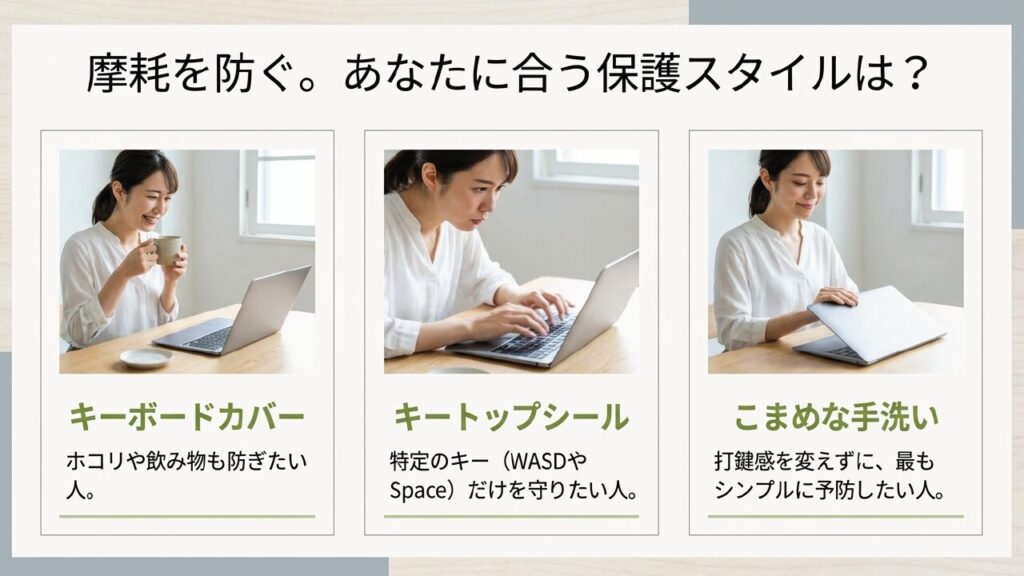 摩耗を防ぐ保護スタイル キーボードカバー、シール、手洗いなど自分に合う保護スタイルの選び方