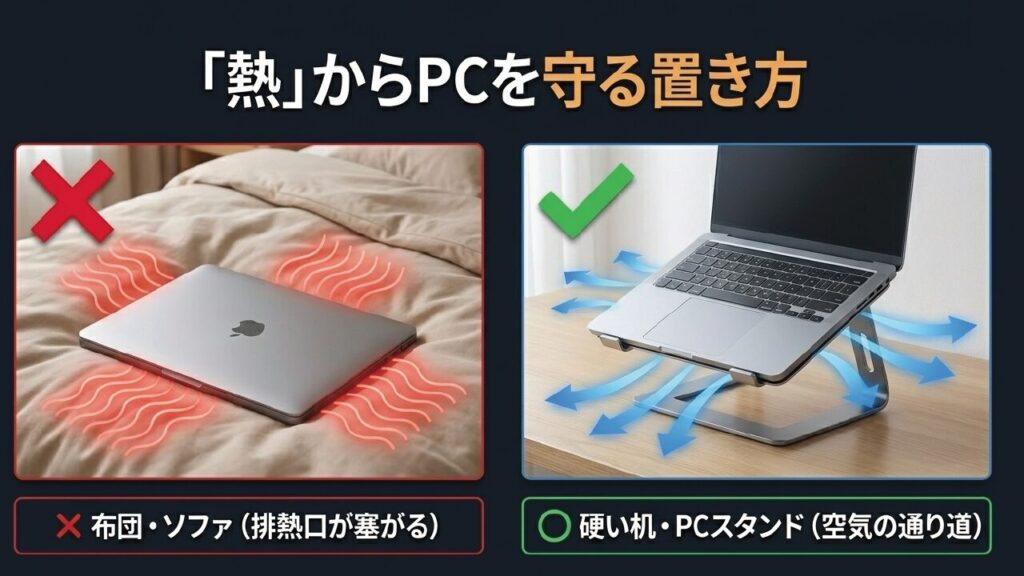 熱からPCを守る置き方。布団やソファはNG、硬い机やPCスタンドがおすすめ