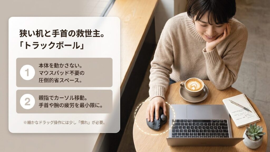 省スペースと手首保護に優れたトラックボール 本体を動かさず親指でカーソル移動する、手首の疲労を最小限にするトラックボールのメリット