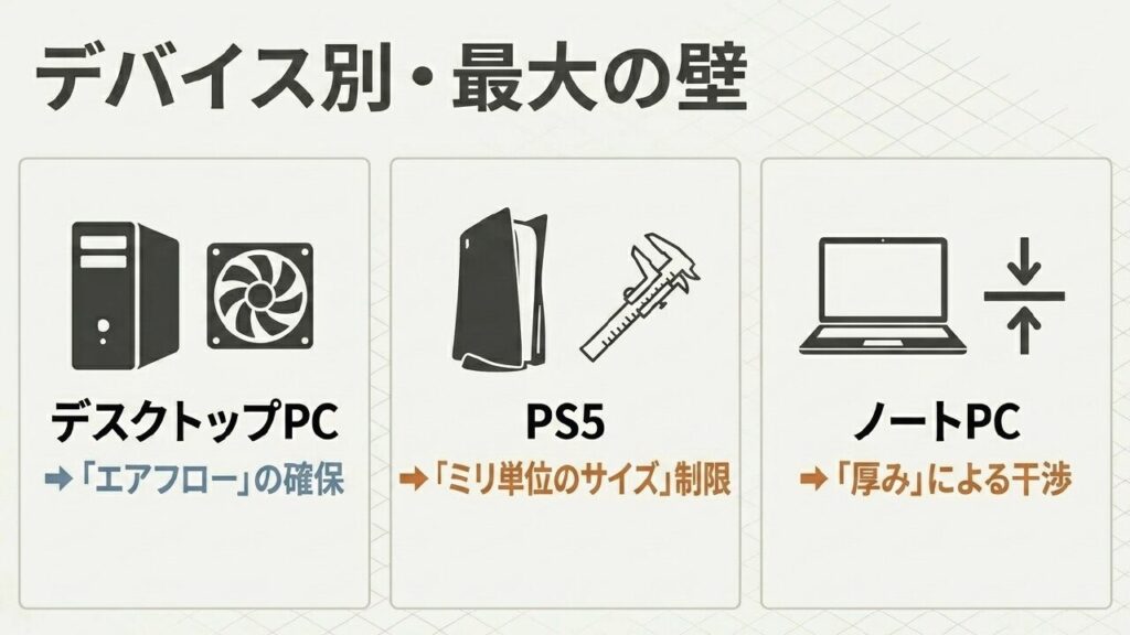 デスクトップPC PS5 ノートPCでSSDヒートシンク選びの注意点が違うことを示すスライド