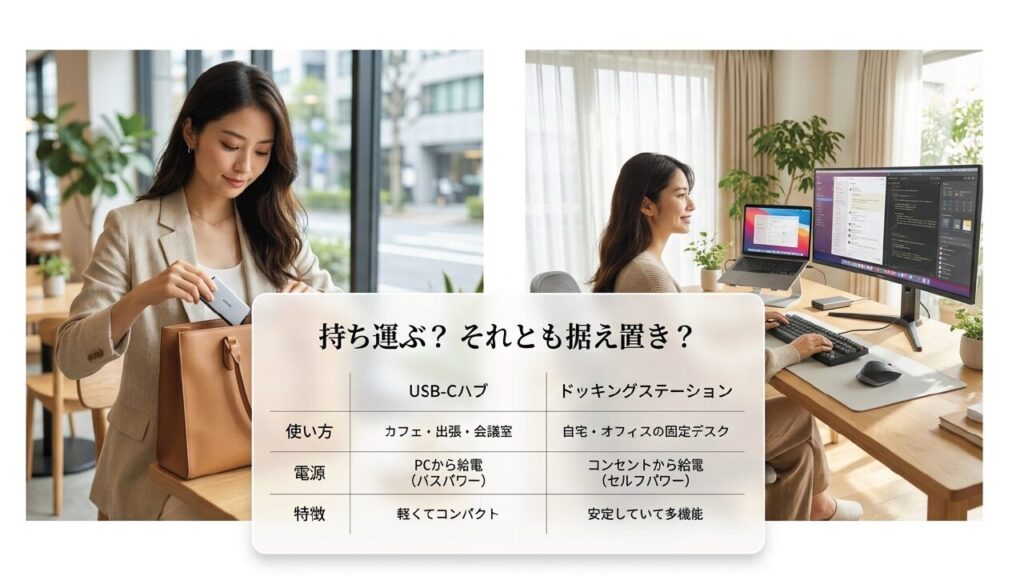 持ち運びか据え置きか USB-Cハブとドッキングステーションの比較