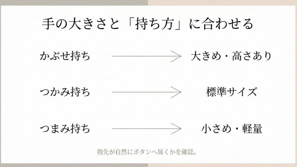 かぶせ持ち・つかみ持ち・つまみ持ち 手の大きさと持ち方に合わせる
