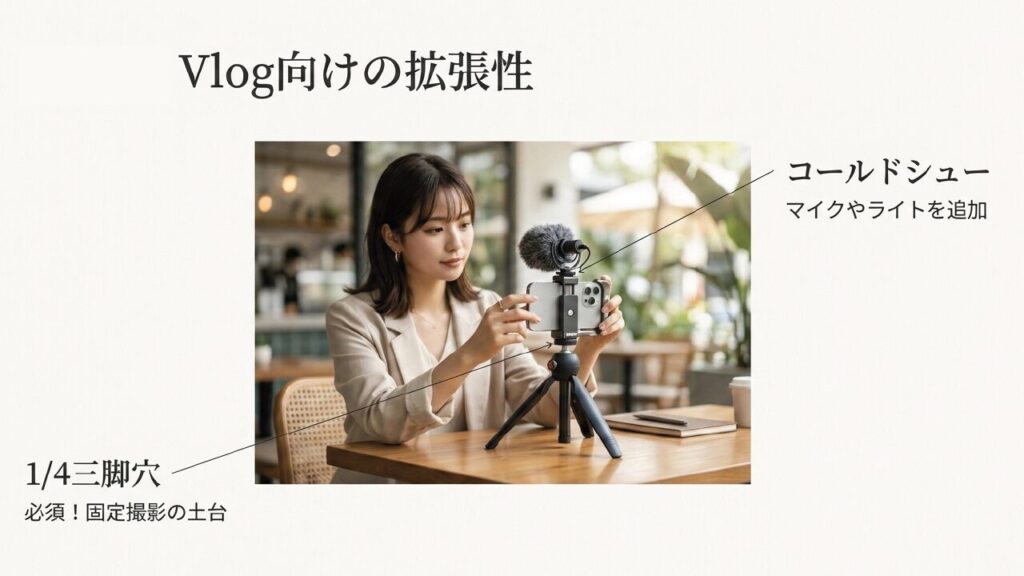Vlog向けの拡張性（コールドシューと1/4三脚穴）