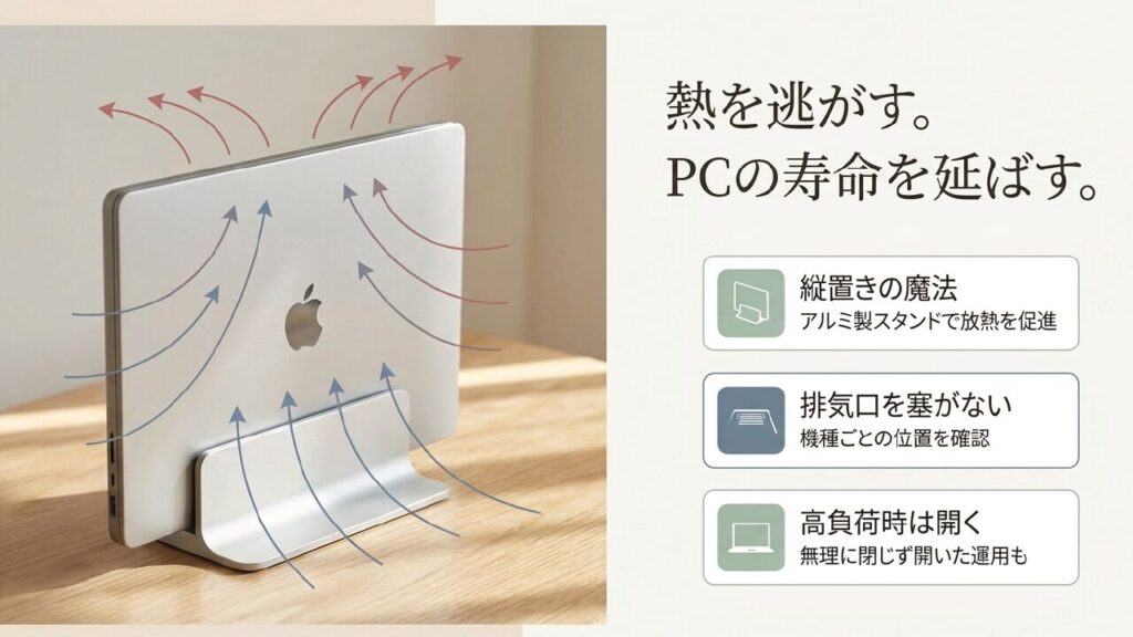 アルミ製縦置きスタンドによるノートPCの放熱と熱対策