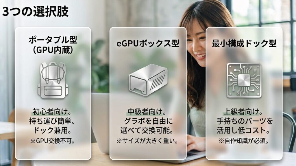 ポータブル型、eGPUボックス型、最小構成ドック型の3つの選択肢