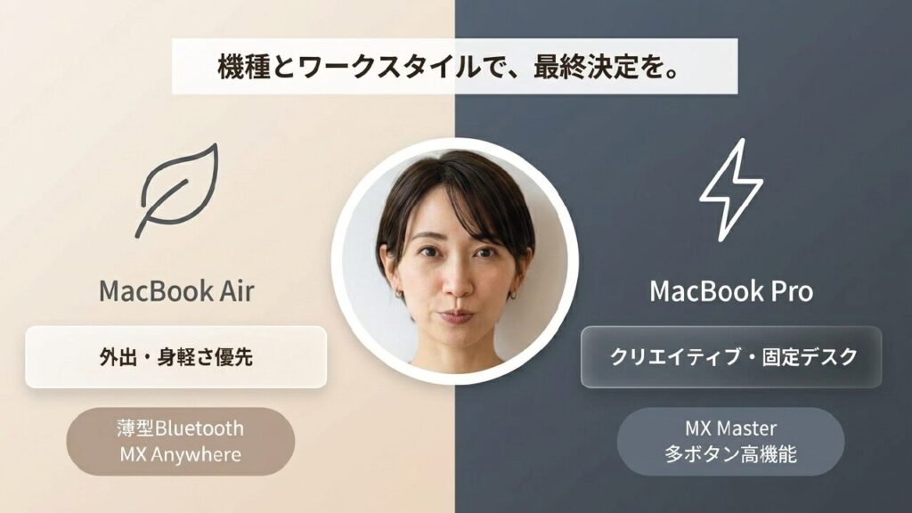 機種別・ワークスタイル別のマウス最終決定 MacBook Airは外出優先の薄型、MacBook Proはクリエイティブ用途の多機能モデルという選び方の基準