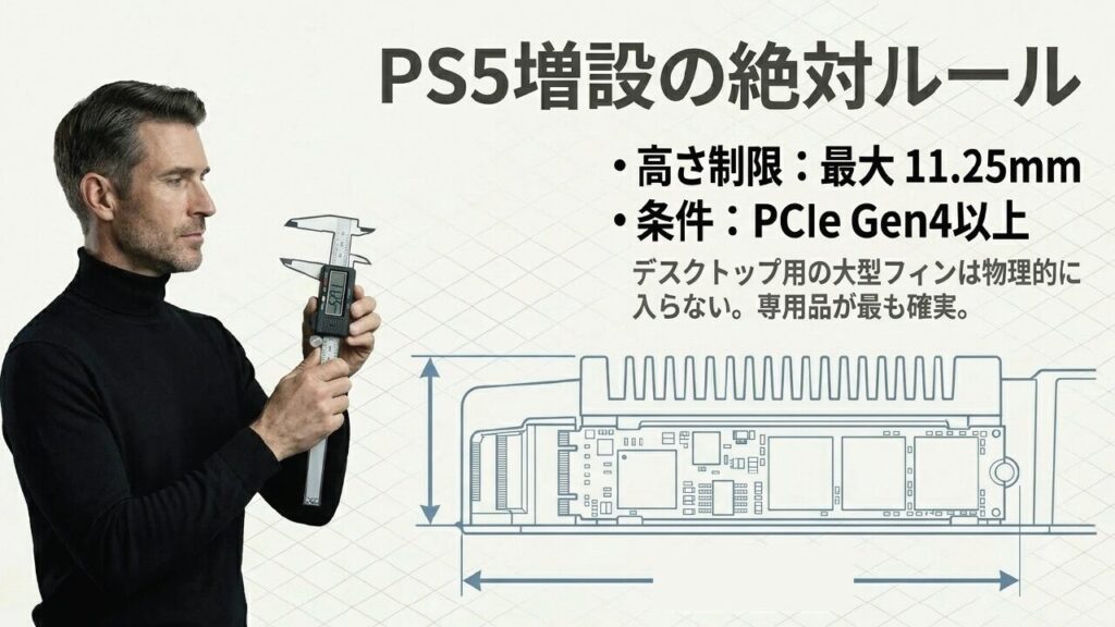 PS5増設SSDのヒートシンク高さ制限11.25mmを説明するスライド