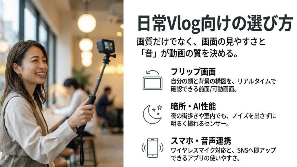 Vlog向けカメラ選び 日常Vlog向けフリップ画面搭載アクションカメラ