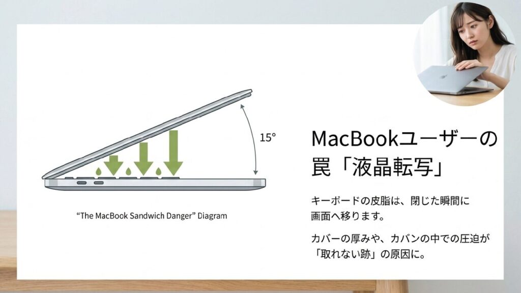 MacBookの液晶転写リスク MacBookを閉じた瞬間にキーボードの皮脂が画面へ移る液晶転写の図解