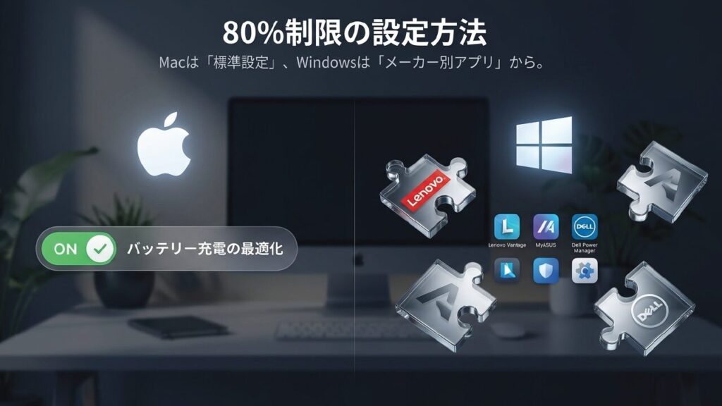 80%制限の設定方法。Macは標準設定、Windowsはメーカー別アプリから