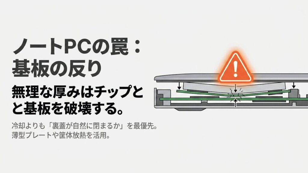 ノートPCで厚いM.2 SSDヒートシンクを使うと基板が反る危険を示すスライド