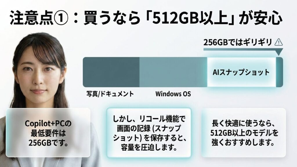 ストレージ512GB推奨の理由 リコール機能等で容量を消費するため512GB以上を推奨する理由