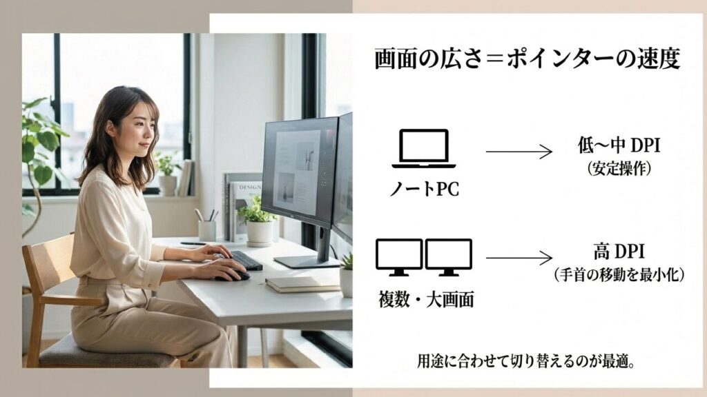 用途に合わせてDPIを切り替えるのが最適 画面の広さ=ポインターの速度