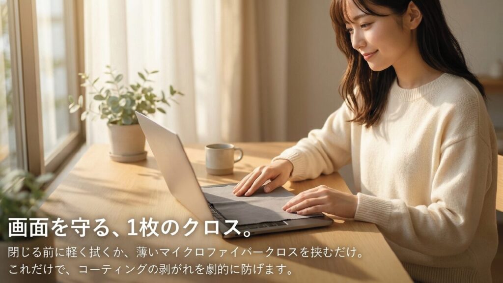 クロスを挟んで画面を守る 画面を守るために極薄のマイクロファイバークロスを挟む対策