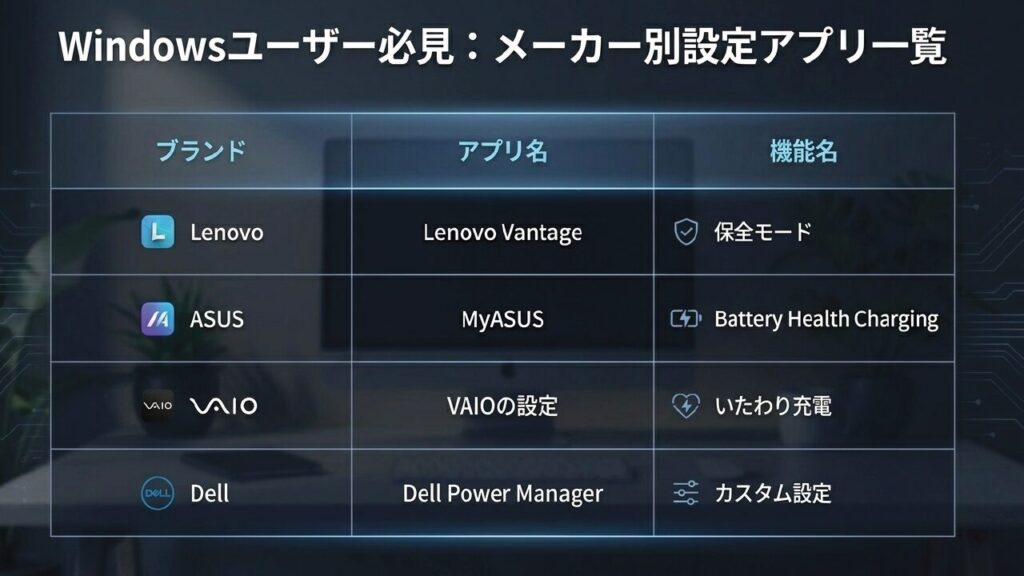 Windowsユーザー必見。メーカー別設定アプリ一覧（Lenovo, ASUS, VAIO, Dell）