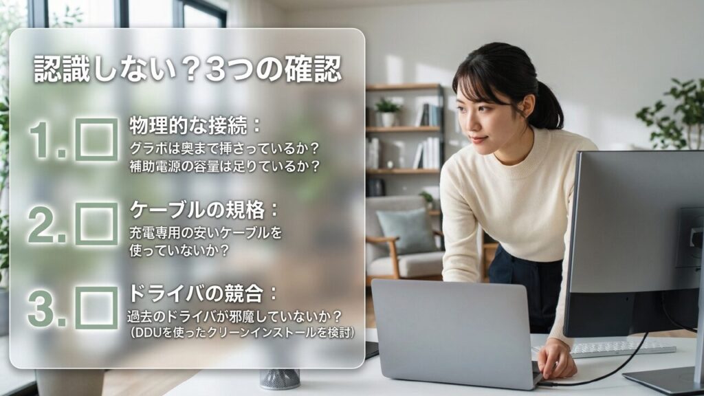 外付けグラボが認識しない時の物理接続、ケーブル、ドライバの3つの確認