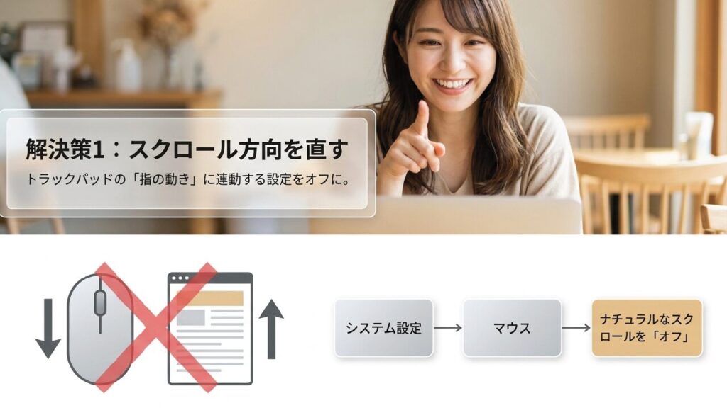 スクロール方向を直す設定手順 システム設定のマウス項目から「ナチュラルなスクロール」をオフにする手順