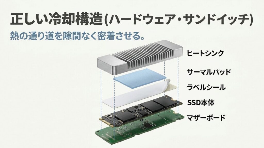SSD本体 ラベルシール サーマルパッド ヒートシンクの正しい重なりを示すスライド