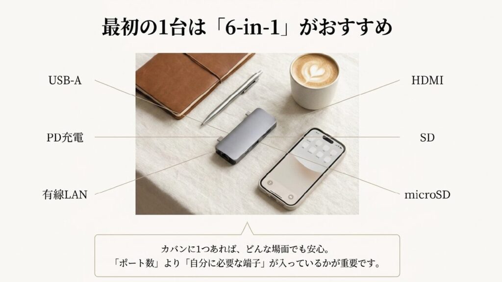 6-in-1ハブのポート構成 最初の1台におすすめの6-in-1ハブ