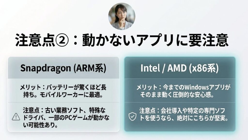 ARMとx86の互換性比較 SnapdragonとIntel/AMDのアプリ互換性とメリットの比較