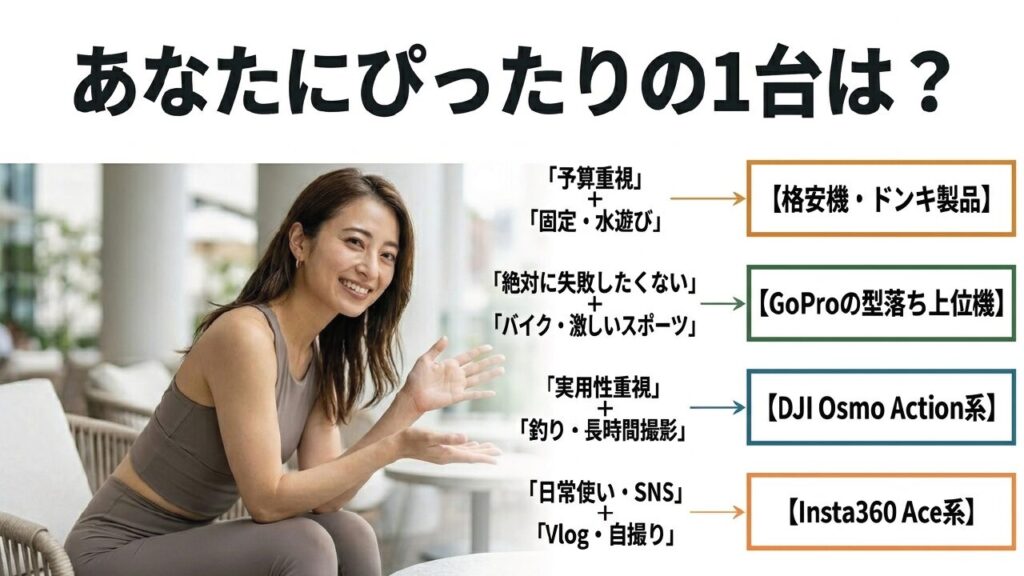 用途別カメラ選びまとめ 用途別あなたにぴったりのアクションカメラ診断