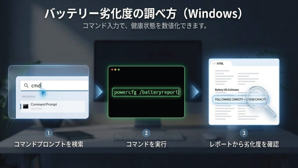 バッテリー劣化度の調べ方。Windowsのコマンド入力で健康状態を数値化