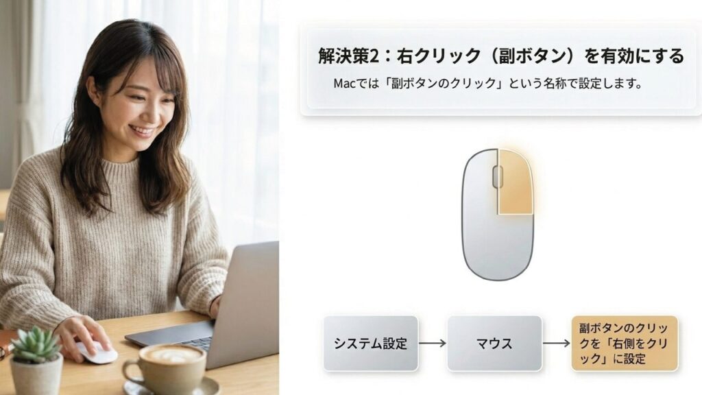 右クリック(副ボタン)を有効にする手順 システム設定から「副ボタンのクリック」を「右側をクリック」に設定する方法