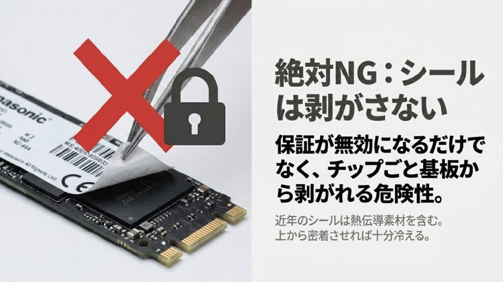 SSDのラベルシールを剥がすと保証やチップ破損のリスクがあることを示すスライド