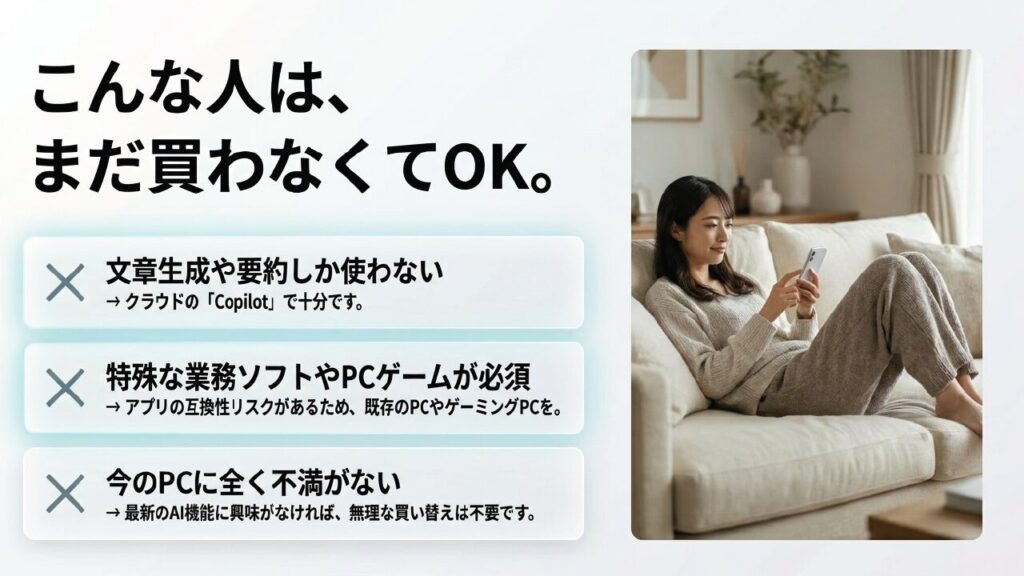 Copilot+PCがいらない人 文章生成のみの利用や今のPCに不満がない人などCopilot+PCが不要なケース
