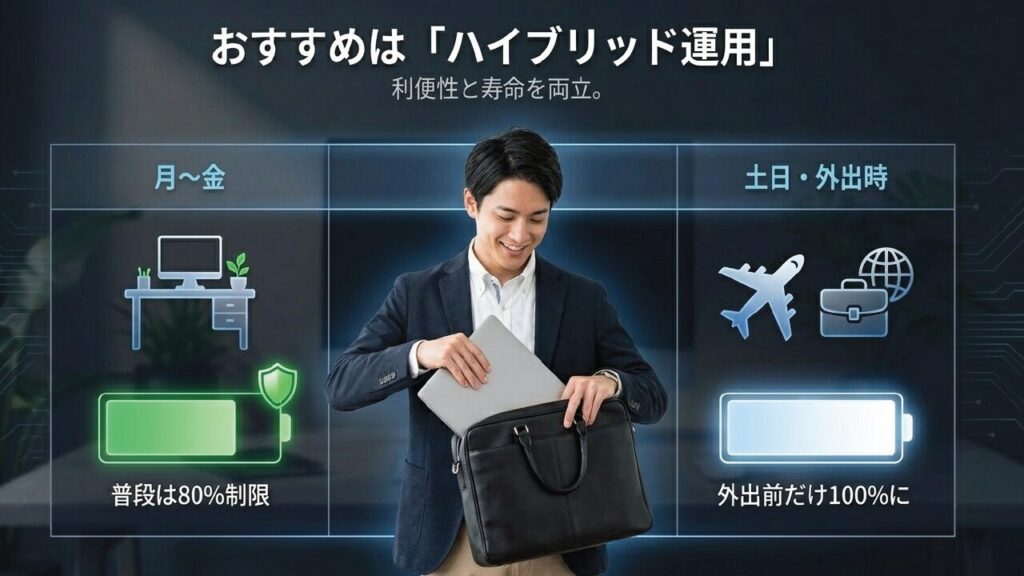 利便性と寿命を両立するハイブリッド運用。普段は80%制限、外出前だけ100%に