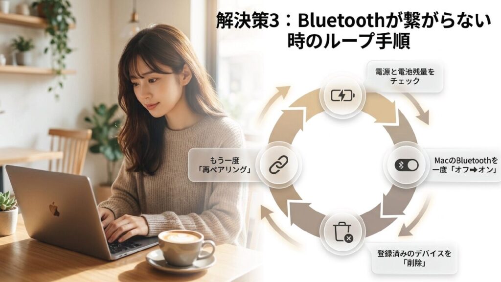 Bluetoothが繋がらない時の解決ループ手順 電源チェック、再ペアリング、Bluetoothのオフオン、デバイス削除というBluetooth接続改善のループ手順