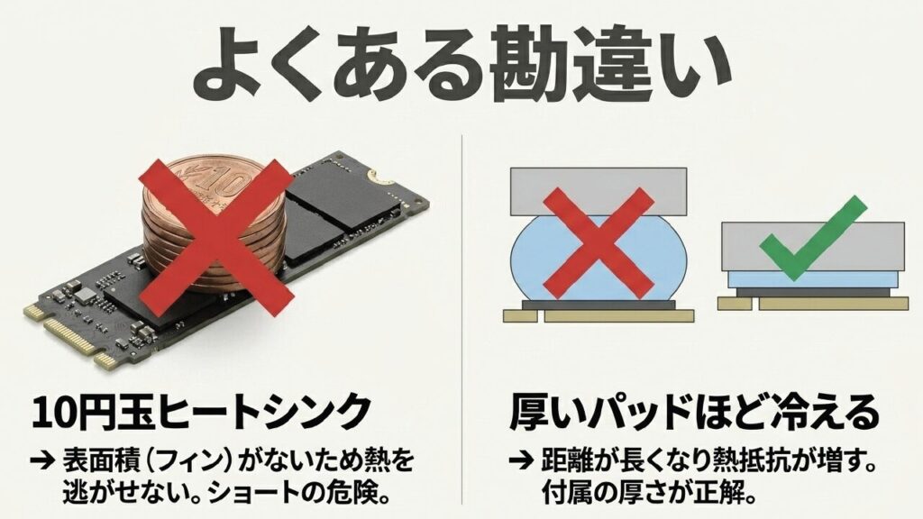 10円玉ヒートシンクと厚すぎるサーマルパッドのよくある勘違いを示すスライド