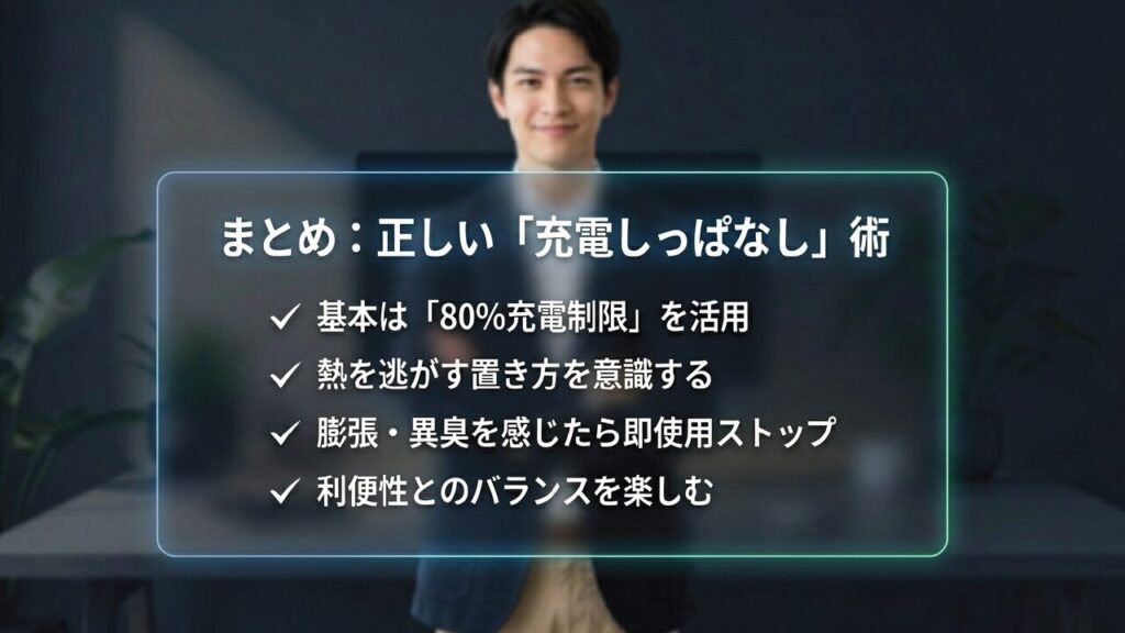 まとめ。正しい充電しっぱなし術（80%制限、熱対策、異常時のストップなど）