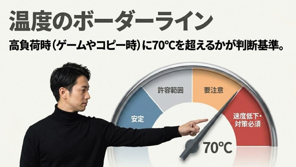 SSD温度のボーダーラインとして高負荷時70度を示すスライド