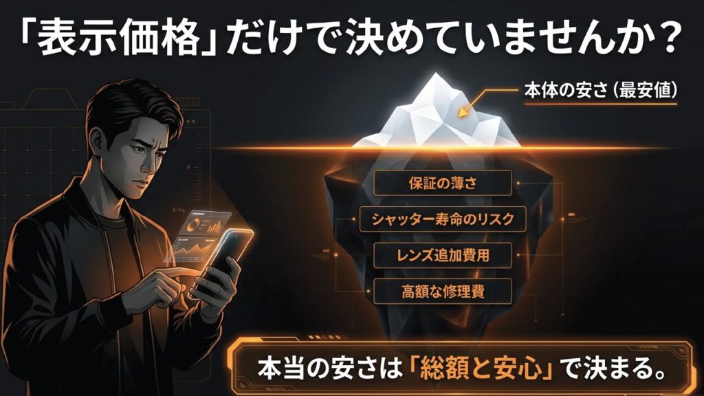 カメラの表示価格の安さに隠れた保証の薄さやシャッター寿命のリスクを解説する氷山モデルの図