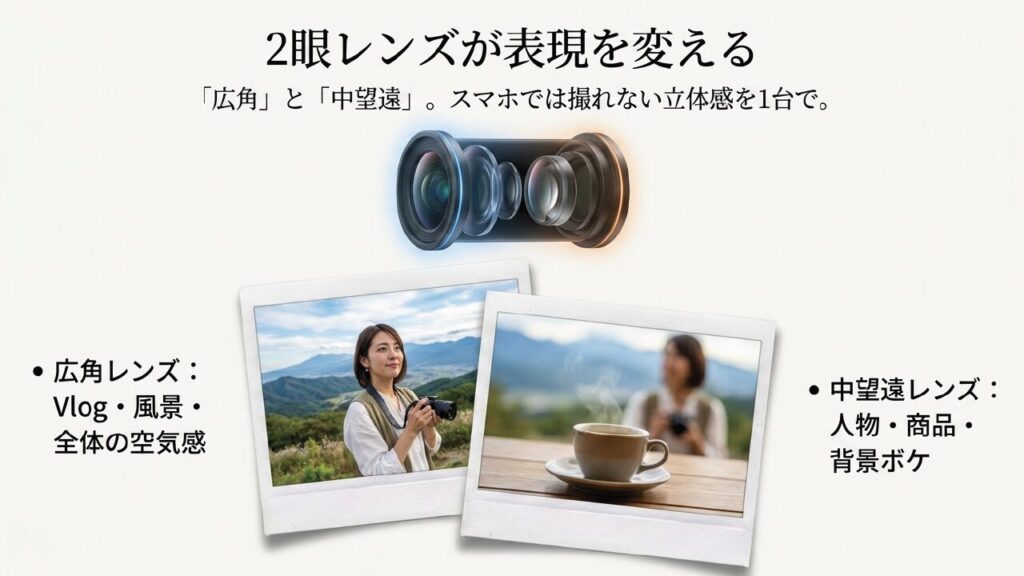 広角レンズと中望遠レンズがもたらす画角と立体感の比較イメージ