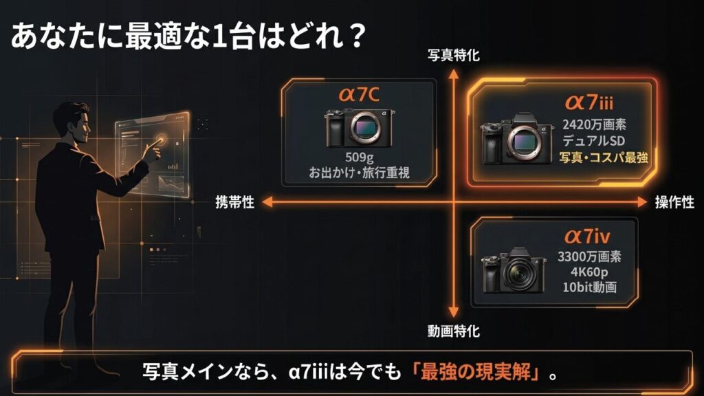 α7C（携帯性重視）、α7iii（写真・コスパ最強）、α7iv（動画特化）の3機種のスペックと用途別の選び分けを比較したスライド