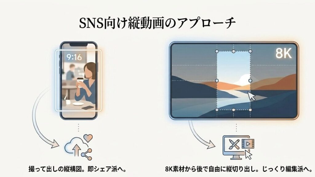SNS向け縦動画とクロップ編集のアプローチ DJIの撮って出し縦構図とInsta360の8K素材からの縦切り出し編集イメージ