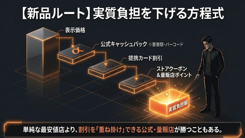 表示価格からキャッシュバック、提携カード割引、ストアクーポン、量販店ポイントを重ね掛けして実質負担額を下げる方程式の図